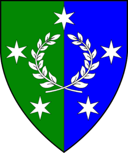 The heraldry of the Barony of Ayreton, a shield split green and blue, with a white wreath surrounded by five white stars