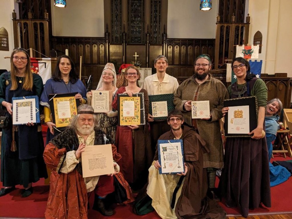 A group photograph of the members of the Ayreton Populace who received awards in the 12th night royal court