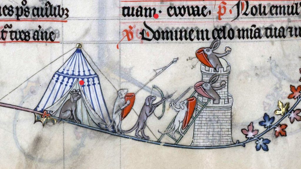 Marginalia from a medieval manuscript featuring dogs and rabbits in a pitched battle with archers, spears, and shields.