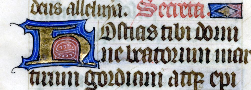 A sample of an illuminated medieval manuscript, featuring a gold letter H